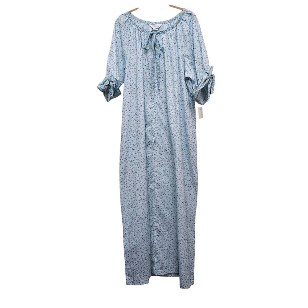 Vintage NWT Dreamaway Floral Nightgown L Blue Zip Front Tie Neck Vintage Lounge